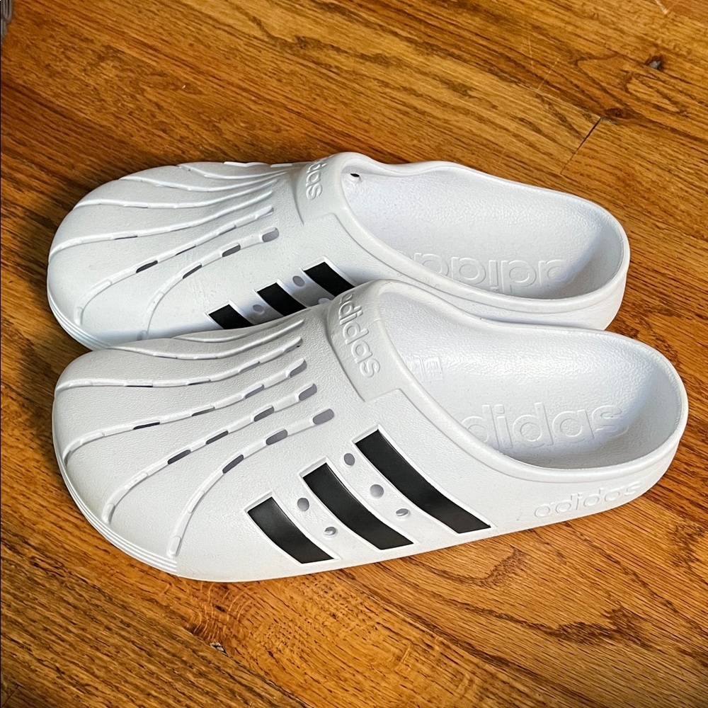 Adidas White Slippers with Black Stripes
